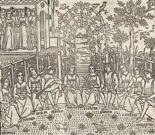 Detail from a page from Boccoccio's Decameron: a woodcut showing ten young people sitting together in a courtyard, telling stories and playing music.